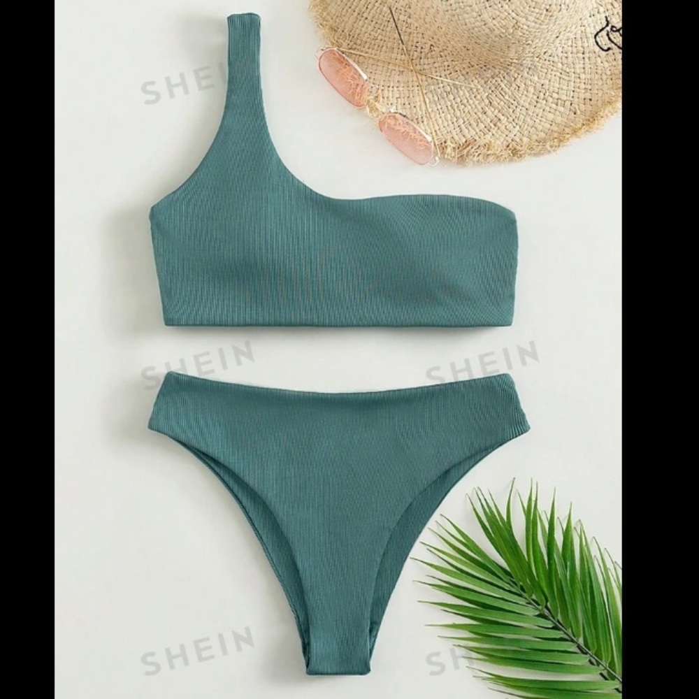 🌱 NWT SHEIN SIZE MEDIUM MINT GREEN ONE SHOULDER BIKINI